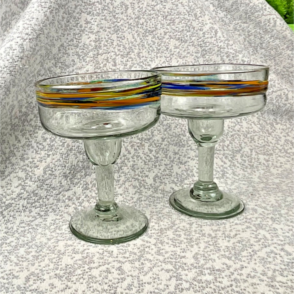 Vintage Mexican Hand Blown Margarita Glasses Pair Multi Color Swirl Rim Bubble L